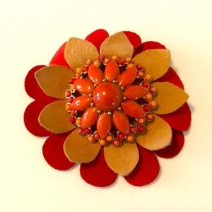 Outstanding Monet Flower Brooch Suede and Faux Stone Orange Coral